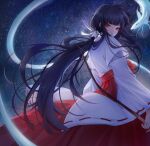  1girl absurdres back black_hair bow hakama highres inuyasha japanese_clothes kikyou_(inuyasha) looking_back lu_xueqi_tongren_ye miko night ponytail priestess sky spirit star_(sky) starry_sky 