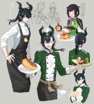  4boys :d animal apron bird black_hair black_nails bottle buttons character_request chick chick_print chorefuji closed_eyes collared_shirt commentary_request double-breasted eyelashes facing_viewer food green_eyes green_jacket grey_background happy highres holding holding_animal holding_bottle holding_plate horns jacket lilia_vanrouge long_hair malleus_draconia multiple_boys nail_polish open_mouth outline plate pointy_ears ponytail pouring scotch_egg shirt sleeves_past_elbows smile sparkle tabasco teeth tongue translation_request twisted_wonderland upper_teeth white_shirt 