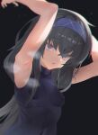  1girl armpits arms_up black_hair blue_archive blue_eyes blush breasts covered_navel covered_nipples hairband long_hair looking_at_viewer open_mouth osanpo02 solo sweat ui_(blue_archive) very_long_hair 