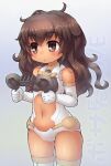  1girl 30_minutes_sisters breasts brown_eyes brown_hair center_opening character_request doll_joints elbow_gloves eyebrows eyebrows_visible_through_hair gloves headgear headgear_removed joints leotard long_hair messy_hair navel sankuma small_breasts solo thighhighs thighs white_gloves white_legwear white_leotard 