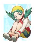  1girl aqua_eyes aqua_hair bangs bike_shorts blue_background happy jacket kris_(pokemon) legs_together looking_at_viewer nagi_(exsit00) pokemon pokemon_(game) pokemon_gsc red_footwear red_shirt shirt short_twintails sitting smile twintails white_jacket yellow_headwear yellow_legwear 