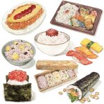  commentary_request container fish food food_focus highres in_bowl in_container kailene lunchbox meat no_humans nori_(seaweed) onigiri original pork rice salmon seaweed still_life sushi tomato 