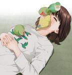  1girl animal animal_on_chest animal_on_head bird bird_on_head blush brown_hair closed_eyes fingernails lying mattaku_mousuke medium_hair on_back on_head original own_hands_together sleeping twitter_username watermark 