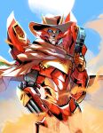  1boy absurdres autobot brown_cloak brown_headwear cloak cowboy_hat dust english_commentary gun hat highres holding holding_gun holding_weapon lina_rojas male_focus mecha moon no_humans rodimus science_fiction sky solo the_transformers_(idw) transformers weapon western_comics_(style) 
