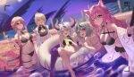  6+girls ^_^ ^o^ ahoge battery_indicator bikini bikini_skirt black_bikini black_hair blonde_hair blue_eyes breasts bubble closed_eyes closed_mouth cocktail_glass coyote_ears cup demon_horns drink drinking_glass drinking_straw fang food fruit grey_hair grin hakui_koyori hand_on_hip highres holding hololive holox horns innertube jmao kazama_iroha la+_darknesss large_breasts lime_(fruit) lime_slice long_hair medium_breasts medium_hair moon multicolored_hair multiple_girls navel night off_shoulder one_eye_closed open_mouth outdoors pink_hair pink_nails ponytail pool purple_hair red_eyes red_nails sakamata_chloe selfie selfie_stick shirt single_thighhigh smile stomach streaked_hair swimsuit takane_lui taking_picture teeth thigh_strap thighhighs tokoyami_towa twintails v viewfinder water white_hair white_shirt 
