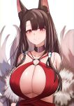 1girl absurdres akagi_(azur_lane) akaoni_(zumt3548) animal_ear_fluff animal_ears asymmetrical_bangs azur_lane bangs bare_shoulders black_choker blunt_bangs blush breasts brown_hair choker cleavage cleavage_cutout closed_mouth clothing_cutout collarbone covered_nipples dress eyebrows_visible_through_hair fox_ears fox_girl fox_tail fur_shawl highres large_breasts long_hair looking_at_viewer o-ring_dress red_dress red_eyes shawl simple_background smile solo tail upper_body white_background 