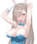  1girl animal_ears armpits arms_up asuna_(blue_archive) asuna_(bunny_girl)_(blue_archive) bangs blonde_hair blue_archive blue_eyes blush bow bowtie breasts cleavage condom condom_in_mouth detached_collar fake_animal_ears gloves grin hair_over_one_eye long_hair mole mole_on_breast mouth_hold osanpo02 rabbit_ears smile solo white_gloves 