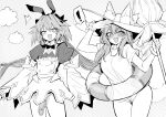  1boy 1girl animal_ears astolfo_(fate) astolfo_(saber)_(fate) bangs blush breasts fate/grand_order fate_(series) fox_ears fox_girl fox_tail greyscale hat highres large_breasts long_hair looking_at_viewer low_twintails monochrome open_mouth otoko_no_ko penis smile sun_hat tail tamamo_(fate) tamamo_no_mae_(swimsuit_lancer)_(fate) thighs twintails wisespeak 