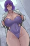  1girl absurdres breasts brown_eyes cleavage curvy dutch_angle highres hip_vent huge_breasts kelvin_hiu labcoat laboratory one-piece_swimsuit open_labcoat philena_ivy pokemon pokemon_(anime) pokemon_(classic_anime) purple_hair purple_swimsuit ring_necklace short_hair smile solo strapless strapless_swimsuit swimsuit swimsuit_under_clothes thick_thighs thigh_gap thighs 