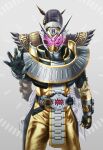  2boys alternate_costume armor back-to-back black_armor black_bodysuit black_footwear bodysuit boots clock_hands cowboy_shot future gold_trim highres kamen_rider kamen_rider_zi-o kamen_rider_zi-o_(series) kamen_rider_zi-o_ouma kamen_rider_zi-o_the_movie:over_quartzer katakana loincloth memerosa multiple_boys official_alternate_costume ouma_zi-o ouma_zi-o_rider_watch pink_eyes rider_watch shoulder_armor sword tokusatsu trait_connection weapon ziku_driver 