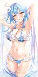  1girl absurdres ahoge armpits arms_behind_head arms_up bangs bare_arms bikini blue_bikini blue_hair blush breasts cleavage cowboy_shot elf flower frilled_bikini frills hair_between_eyes hair_flower hair_ornament heart_ahoge highres hololive large_breasts long_hair looking_at_viewer mugiusagi navel parted_lips pointy_ears solo standing stomach swimsuit twintails very_long_hair virtual_youtuber wading water wet white_background yellow_eyes yukihana_lamy 