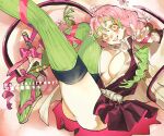  1girl ass belt black_dress blush bow braid breasts cleavage dress flower green_eyes green_hair green_legwear hair_between_eyes holding holding_weapon kanroji_mitsuri kimetsu_no_yaiba large_breasts long_hair mole mole_under_eye multicolored_hair open_mouth pink_hair sandals smile solo talesofmea teeth thighhighs two-tone_hair upper_teeth weapon 