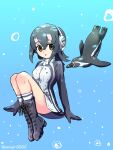  1girl animal_costume bird black_hair gloves headphones highres humboldt_penguin_(kemono_friends) kemono_friends kemono_friends_v_project looking_at_viewer multicolored_hair ocean pengin0808 penguin penguin_costume penguin_tail shirt short_hair skirt solo tail virtual_youtuber 