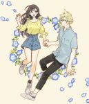  1boy 1girl bare_shoulders black_hair blonde_hair blouse blue_eyes breasts casual cloud_strife couple earrings final_fantasy final_fantasy_vii final_fantasy_vii_remake floral_background full_body happy highres holding_hands jewelry large_breasts legs long_hair pants red_eyes shirt shoes shorts shouyu_(soysoy) socks spiked_hair tifa_lockhart white_footwear 