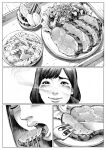  1girl absurdres blush bowl closed_eyes closed_mouth double_deck eating food food_focus fork greyscale highres medium_hair monochrome mushroom open_mouth original plate rice smile solo steak 