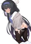  1girl ass bangs black_hair black_legwear blue_archive blush cardigan clothes_pull hairband halo highres long_hair looking_at_viewer off_shoulder open_mouth osanpo02 panties pantyhose pantyhose_pull pleated_skirt purple_eyes school_uniform serafuku simple_background skirt skirt_pull solo sweatdrop ui_(blue_archive) underwear very_long_hair white_background white_panties 