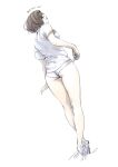  1girl ass breasts brown_eyes brown_hair carina_(xiaowoo) character_name from_behind full_body high_heels highres kishi_mieko lips long_legs medium_breasts onna_shunin_kishi_mieko panties panty_pull pulled_by_self shirt simple_background solo standing t-shirt thighs underwear white_background white_panties white_shirt 