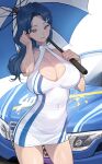  1girl banned_artist bare_arms bare_shoulders blue_eyes blue_hair blush breasts car cleavage covered_navel cowboy_shot dress ground_vehicle hair_ornament jagaimo_(kkamja) large_breasts long_hair mole mole_on_breast motor_vehicle original parasol parted_lips smile solo thighs umbrella white_dress 