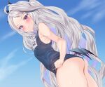  1girl ass bangs bare_shoulders blue_archive blue_swimsuit blush breasts covered_nipples hina_(blue_archive) hina_(swimsuit)_(blue_archive) horns long_hair one-piece_swimsuit osanpo02 parted_bangs purple_eyes school_swimsuit silver_hair small_breasts solo sweatdrop swimsuit wings 