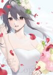  1girl alternate_costume bangs bouquet breasts bridal_veil brown_eyes dress eyebrows_visible_through_hair flower grey_hair hair_flower hair_ornament haruna_(kancolle) highres holding holding_bouquet jewelry kantai_collection long_hair medium_breasts parted_lips petals picoli1313 pink_flower red_flower ring solo strapless strapless_dress upper_body veil wedding_band wedding_dress white_dress white_flower 