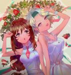  2girls :o bangs black_eyes blue_eyes blue_hair bracelet breasts brown_hair collarbone corette dress erica_fontaine feathers flower food fruit glasses green_hairband hairband highres jewelry lobelia_carlini long_hair medium_breasts multiple_girls necktie open_mouth parted_bangs red_necktie round_eyewear sakura_taisen sakura_taisen_iii short_hair short_necktie strawberry v white_dress white_flower 