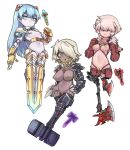  3girls amputee armor axe belt belt_buckle blue_eyes blue_hair breasts buckle claws clothing_request colored_nipples colored_skin commentary crimson_axe_(terraria) cursed_hammer_(terraria) dark-skinned_female dark_skin doll_joints double_amputee enchanted_sword_(terraria) english_commentary extra_eyes extra_teeth eyebrows_visible_through_hair frown gauntlets green_eyes green_nipples hair_over_eyes hair_over_one_eye hammer highres inverted_nipples joints looking_at_viewer medium_breasts multiple_girls navel nyong_nyong pauldrons personification shoulder_armor small_breasts stitches sword tentacles terraria weapon white_hair white_skin 