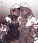  2girls artist_name azur_lane bangs black_dress black_gloves blue_eyes breasts cleavage closed_mouth dress elbow_gloves emden_(azur_lane) eyebrows_visible_through_hair eyepatch flower gloves hair_ornament highres kashenori lips long_hair looking_at_viewer medium_breasts multiple_girls open_mouth parted_lips partially_fingerless_gloves red_eyes red_flower red_rose rose siblings silver_hair simple_background sisters smile smirk standing teeth_hold white_dress white_flower white_rose 