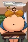  2022 absurd_res belly big_belly big_breasts breasts brewheardt brown_hair chalkboard clothing desk english_text furniture hair hi_res miss_helen overweight school shirt ssbbw table teacher text tight_clothing tight_shirt tight_topwear topwear 