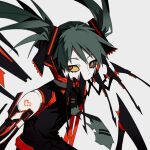  1girl android arthropod_limbs bangs black_sclera blue_hair ca_(maeda_koutarou) calne_ca colored_sclera empty_eyes floating_hair hair_ornament hair_ribbon hatsune_miku heart hemostatic heterochromia highres horror_(theme) looking_to_the_side mandibles mechanical_arms mechanical_parts multicolored_eyes necktie red_eyes ribbon saikin_osen_-_bacterial_contamination_-_(vocaloid) single_mechanical_arm solo torn_clothes twintails vocaloid yellow_eyes yellow_sclera 