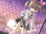  1girl backlighting blush brown_hair clothes_lift commentary dutch_angle hair_ribbon mouth_hold original panties pink_ribbon ribbon skirt skirt_lift sleeves_past_wrists solo twintails underwear yugi_(magical-dreamer) 