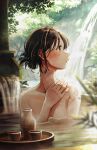  1girl bathing blurry blurry_foreground brown_eyes brown_hair choko_(cup) cup fountain hand_on_own_chest hand_up highres looking_away onsen original parted_lips partially_submerged rain solo tokkuri tree tsujin_bohboh water wet wet_hair 