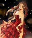  1girl aerith_gainsborough backless_dress backless_outfit bangs bare_shoulders black_background bracelet breasts brown_hair cleavage confetti dress final_fantasy final_fantasy_vii final_fantasy_vii_remake flamenco_dress flower green_eyes hair_flower hair_ornament hair_ribbon highres jewelry long_dress long_hair medium_breasts multiple_necklaces official_alternate_costume parted_bangs red_dress ribbon ringlets sidelocks solo talesofmea upper_body wavy_hair 