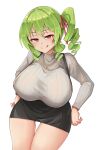 1girl :p ajidot bangs breasts check_commentary commentary_request drill_hair erato_(last_origin) green_hair hair_ribbon hands_on_hips highres huge_breasts jewelry korean_commentary last_origin long_hair looking_at_viewer miniskirt necklace one_side_up red_eyes ribbed_sweater ribbon side_ponytail simple_background skirt solo sweater thigh_gap tongue tongue_out turtleneck turtleneck_sweater white_background 