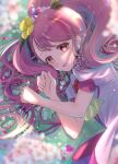 1girl :d absurdres blurry blurry_foreground cure_grace dress earrings flower grass hair_flower hair_ornament healin&#039;_good_precure heart heart_hair_ornament highres jewelry long_hair lying minccino7 on_side open_mouth pink_hair precure red_eyes red_flower red_rose rose scarf short_sleeves smile solo very_long_hair white_dress white_flower yellow_flower yellow_scarf 