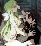  1boy 1girl bare_legs beige_jac black_jacket breasts brown_hair c.c. clenched_teeth closed_eyes code_geass couple creayus green_hair grimace hair_between_eyes hair_ribbon hand_on_another&#039;s_chest hand_on_own_face hand_on_own_head high_collar jacket lelouch_lamperouge long_hair low_ponytail medium_breasts necktie ribbon short_hair sidelocks sitting sitting_on_lap sitting_on_person storage_room sweatdrop tears teeth uniform upper_body 