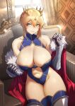  1girl absurdres armor artoria_pendragon_(fate) artoria_pendragon_(lancer)_(fate) bare_shoulders blonde_hair blue_gloves blue_legwear blue_leotard braid breasts cape chair cleavage cleavage_cutout clothing_cutout covered_collarbone crown curvy elbow_gloves fate/grand_order fate_(series) french_braid fur-trimmed_cape fur_trim gauntlets gloves greaves green_eyes grin hair_between_eyes highleg highleg_leotard highres jinlin large_breasts leotard lipgloss long_hair looking_at_viewer navel navel_cutout off_shoulder red_cape revision sidelocks sitting smile solo thighhighs thighs window 