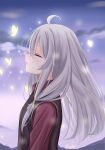  1girl absurdres ahoge bangs bug butterfly closed_eyes closed_mouth cloud elaina_(majo_no_tabitabi) english_commentary from_side gradient_sky grey_hair highres kushiro147 long_hair majo_no_tabitabi medium_hair outdoors purple_sky signature sky solo upper_body 