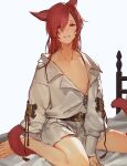  1boy :d animal_ears arm_at_side bangs barefoot bed belt between_legs blush cat_ears coat collarbone facial_mark feet_out_of_frame ffxivys final_fantasy final_fantasy_xiv g&#039;raha_tia hair_between_eyes hair_ornament hairclip half-closed_eyes hand_between_legs long_hair long_sleeves looking_at_viewer male_focus miqo&#039;te neck_tattoo no_pants nose_blush on_bed oversized_clothes pectorals puffy_short_sleeves puffy_sleeves red_eyes red_hair short_sleeves sitting smile solo string tattoo wariza white_background white_coat x_hair_ornament 