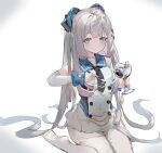  1girl azur_lane bangs bare_shoulders black_necktie blue_eyes breasts cherry closed_mouth commentary_request cup dress eyebrows_visible_through_hair food fruit grey_hair halsey_powell_(azur_lane) highres holding holding_cup holding_spoon long_hair long_sleeves looking_at_viewer necktie no_shoes sitting sleeveless sleeveless_dress sleeves_past_wrists small_breasts smile soles solo spoon thighhighs tota_(sizukurubiks) very_long_hair wariza white_dress white_legwear 