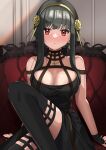 1girl artificial_flower bangs bare_shoulders black_dress black_gloves black_hair blush breasts cleavage couch dress eyebrows_visible_through_hair fingerless_gloves flower fujishiro_kokoa gloves hair_flower hair_ornament hairband highres indoors knee_up large_breasts looking_at_viewer on_couch parted_lips red_eyes short_hair_with_long_locks sidelocks signature sitting sleeveless sleeveless_dress solo spy_x_family thighhighs yellow_hairband yor_briar 
