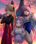  3girls bangs bare_shoulders blush breasts ereshkigal_(fate) fate/grand_order fate_(series) highres kaze_minoru_so-ru kon_(fate) large_breasts long_hair looking_at_viewer meltryllis_(fate) multiple_girls small_breasts smile thighs wu_zetian_(fate) 