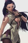  1girl bare_shoulders black_hair breasts cleavage cleavage_cutout clothing_cutout earrings flower gauss_&lt;bokashi gloves hair_flower hair_ornament highres jewelry long_hair luong mole mole_under_eye solo the_king_of_fighters the_king_of_fighters_xiv the_king_of_fighters_xv thighhighs underboob_cutout 