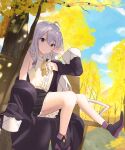  1girl absurdres ahoge black_coat black_footwear blue_sky bow bowtie center_frills closed_mouth coat elaina_(majo_no_tabitabi) english_commentary eyebrows_visible_through_hair frills grey_eyes grey_hair hand_in_own_hair highres long_sleeves looking_at_viewer majo_no_tabitabi outdoors shirt sirim5420 sitting sky smile solo tree white_shirt yellow_bow yellow_bowtie 