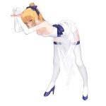  1girl absurdres artoria_pendragon_(fate) bangs bare_shoulders bent_over blonde_hair blue_bow blue_footwear blush bound bound_wrists bow breasts cleavage dress elbow_gloves eyebrows_visible_through_hair fate/stay_night fate_(series) full_body gloves green_eyes hair_between_eyes hair_bow high_heels high_ponytail highres long_hair medium_breasts migu_(iws2525) open_mouth ponytail pumps saber short_dress simple_background solo standing strapless strapless_dress sweatdrop thighhighs white_background white_dress white_gloves white_legwear 