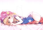  1girl american_flag_pants american_flag_shirt bangs bed blonde_hair blush closed_mouth clownpiece crease eyebrows_visible_through_hair eyelashes fairy_wings hair_between_eyes hand_up hat jester_cap long_hair looking_at_viewer lying neck_ruff non-web_source on_stomach pants pink_eyes pink_headwear pointy_ears polka_dot pom_pom_(clothes) scan scan_artifacts shirt shnva short_sleeves simple_background solo star_(symbol) star_print striped striped_pants striped_shirt teeth touhou white_background wings 