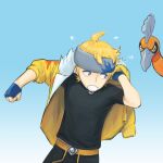  1boy alternate_color bangs black_pants black_shirt blonde_hair blue_eyes blue_gloves clenched_hand commentary dressing fingerless_gloves flying_sweatdrops gloves go-lurk gradient gradient_background grey_headband headband ho-oh jacket male_focus morty_(pokemon) official_alternate_costume open_clothes open_jacket pants pokemon pokemon_(creature) pokemon_(game) pokemon_masters_ex shiny_pokemon shirt short_hair short_sleeves sleeves_past_elbows t-shirt yellow_jacket 
