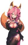  1girl animal_ears breasts cleavage eyebrows eyebrows_visible_through_hair fang fate/extra fate_(series) fox_ears fox_girl fox_tail hair_ornament hand_fan haoni headband highres kitsune non-web_source pink_hair solo source_request tail tamamo_(fate) tamamo_no_mae_(fate/extra) white_background yellow_eyes 