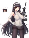  2girls absurdres assault_rifle black_hair black_legwear breasts bullpup covered_navel daisy_cutter elbow_gloves girls&#039;_frontline gloves gun hairband highres holding holding_gun holding_weapon large_breasts long_hair multiple_girls panties panties_under_pantyhose pantyhose qbz-95 rifle shirt smile solo_focus standing type_95_(girls&#039;_frontline) type_97_(girls&#039;_frontline) underwear very_long_hair weapon white_gloves white_hairband white_panties white_shirt yellow_eyes 