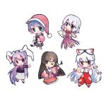  5girls :3 :d animal_ears bangs black_hair black_jacket blob blue_eyes blue_hair bow bowtie branch brown_eyes closed_mouth commeowdore doremy_sweet dream_soul dress eyebrows_visible_through_hair fire fujiwara_no_mokou full_body grey_skirt hair_bow hand_in_pocket hat holding holding_branch houraisan_kaguya jacket japanese_clothes kimono kishin_sagume long_hair looking_at_viewer multiple_bows multiple_girls necktie nightcap ofuda ofuda_on_clothes open_mouth pants pink_kimono purple_dress purple_hair pyrokinesis rabbit_ears red_bow red_bowtie red_eyes red_headwear red_necktie red_pants red_skirt reisen_udongein_inaba shirt short_hair simple_background single_wing skirt smile suspenders tail tapir_tail touhou very_long_hair white_background white_jacket white_shirt white_wings wings 