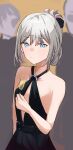  1girl an-94_(girls&#039;_frontline) an-94_(silent_rouge)_(girls&#039;_frontline) bangs bare_shoulders black_dress breasts closed_mouth cup dress drinking_glass eyebrows_visible_through_hair girls&#039;_frontline glass hair_ornament highres holding holding_cup light_blue_eyes long_hair looking_at_viewer official_alternate_costume platinum_blonde_hair simple_background small_breasts solo solokitsune upper_body wine_glass 